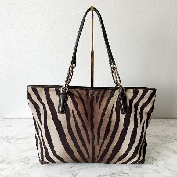 Coach Madison East West Tote With Zebra Print Brown/Tan Zip Top Shoulder Bag - Picture 1 of 16
